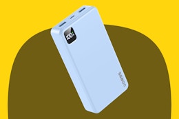 Portable Charger Power Bank 56800mAh Battery Pack-22.5W Fast Charging with USB C & LED Display on a yellow background.