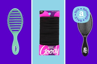 hair ties and hair brushes in a collage