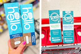 collage image of hello and tom's toothpaste