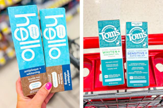 collage image of hello and tom's toothpaste