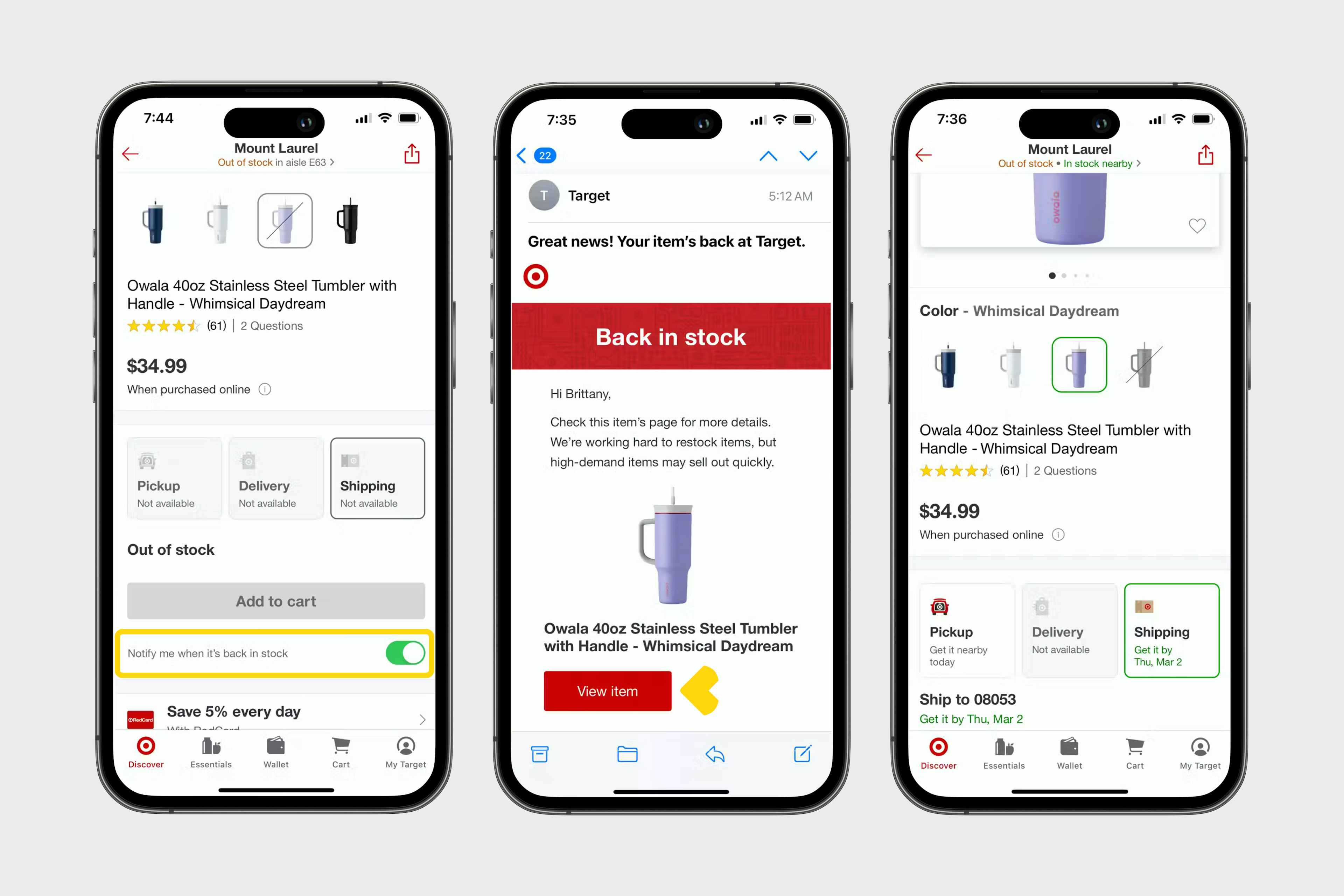 iphone screenshots showing how to set an in-stock notification for the owala tumbler on target app