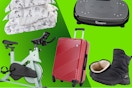 green collage background with products