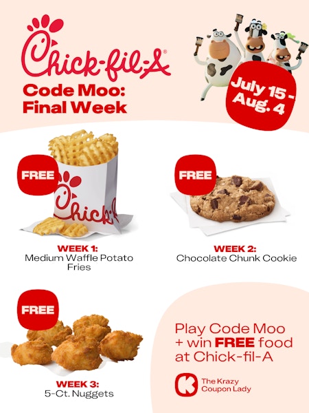 a graphic showing chick fil a code moo prizes each week
