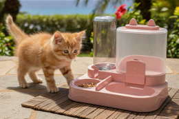a cat near a food dispenser
