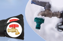 POROLIR Outdoor Faucet Covers on a faucet with snow on it.