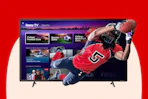 TV featuring a football player jumping out of the screen with streaming services in the background