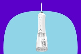 WellLeo Water Flosser for Teeth on a blue background.