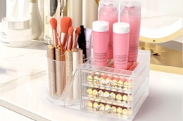 Clear Makeup Organizer with Drawers & Rotating Brush Holder - Large Capacity Cosmetic Display Cases Storage