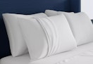 sealy cooling pillow with pillowcase sitting on a bed