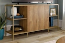 wooden tv stand in a living room