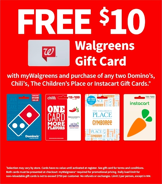 A screenshot of a Walgreens gift card promotion for a free $10 card