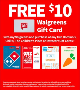 A screenshot of a Walgreens gift card promotion for a free $10 card