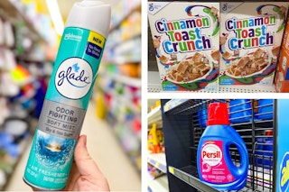 dollar general glade, cinnamon toast crunch, persil 3-photo collage