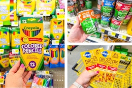 dollar general crayola, dog chow, pedigree 3-photo collage