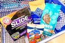 arm & hammer cat litter, blue buffalo dog food, iams cat food, blue buffalo treats, and chuckit toys in a cart