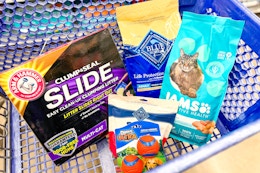 arm & hammer cat litter, blue buffalo dog food, iams cat food, blue buffalo treats, and chuckit toys in a cart