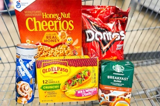 cheerios, doritos, pillsbury, old el paso, starbucks in a shopping cart