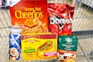 cheerios, doritos, pillsbury, old el paso, starbucks in a shopping cart