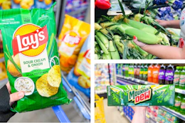 collage image of mountain dew soda, corn on the cob, and lays chips