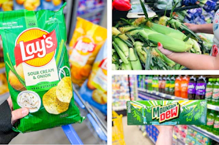 collage image of mountain dew soda, corn on the cob, and lays chips