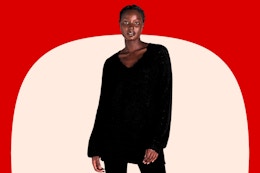 Model wearing a black Pioneer Woman sweater