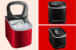 a red ice maker and two black ice makers