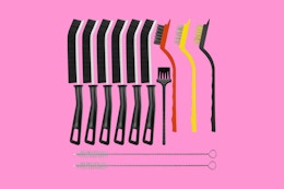 a cleaning set on a pink background