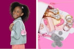 child holding a pink princess purse and the accessories included