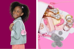 child holding a pink princess purse and the accessories included