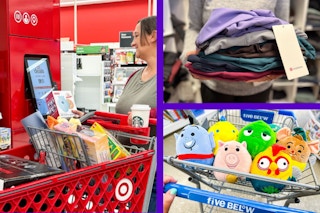 three images of a target cart, a person hold lululemon, and a five below cart 