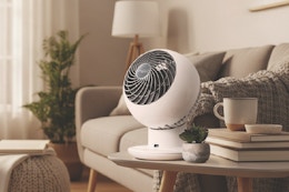 fan set on end table near couch