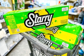 walgreens shopping cart with three 12-packs of starry soda