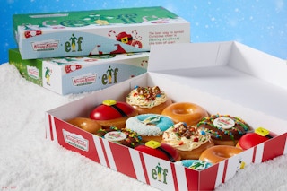 Photo of a box of the assorted Krispy Kreme Elf doughnuts.