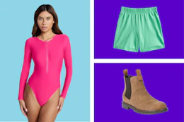 women's pink swimsuit, teal colored toddler shorts, men's brown boots