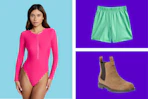 women's pink swimsuit, teal colored toddler shorts, men's brown boots