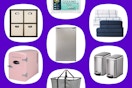 collage image of dorm essentials: mini fridge, trash cans, sheets, and more