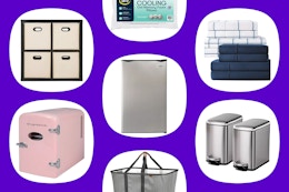 collage image of dorm essentials: mini fridge, trash cans, sheets, and more