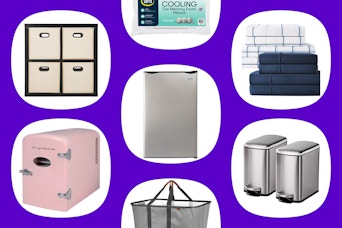 collage image of dorm essentials: mini fridge, trash cans, sheets, and more