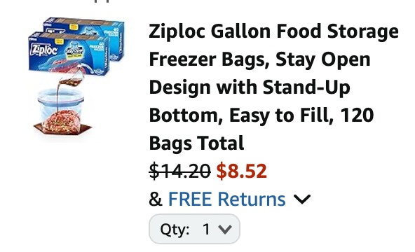 Ziploc freezer bag Amazon receipt