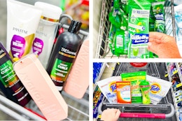 collage image of shampoo, laundry products, and a razor