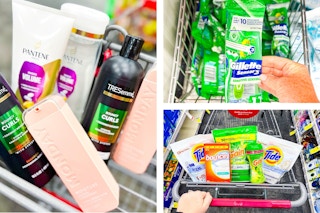 collage image of shampoo, laundry products, and a razor