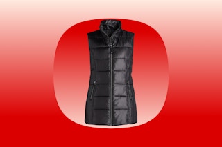 black puffer vest in red background