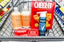 shea moisture shampoo and conditioner, colgate toothpaste, cheez-its, and degree deodorant in a cart