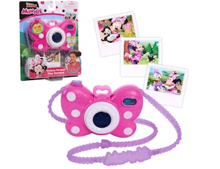Pink bow camera and Minnie Mouse photos on a white background