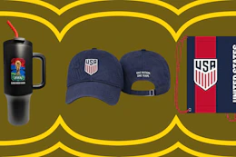 fifa branded tumbler, hat, and backpack