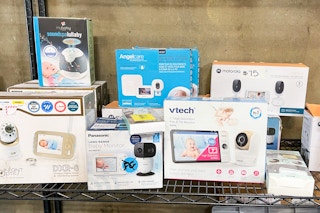 Some baby monitors and equipment for sale at a liquidation store