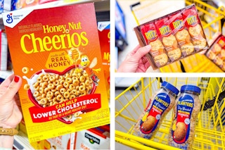 dollar general honey nut cheerios, planters, ritz 3-photo collage