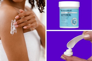 A hand rubs retinol cream on an arm, a jar of NatureWell Retinol Cream, the included scoop with the cream