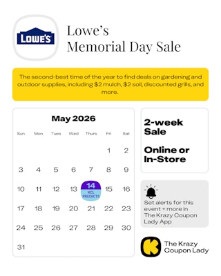 Calendar graphic of Lowe's Memorial Day Sale that starts on May 14 2026