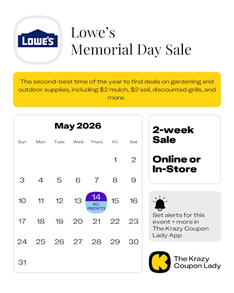 Calendar graphic of Lowe's Memorial Day Sale that starts on May 14 2026